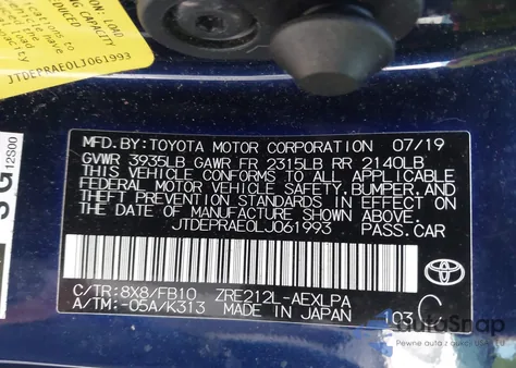 2020 Toyota Corolla Le from USA, damaged, VIN JTDEPRAE0LJ061993